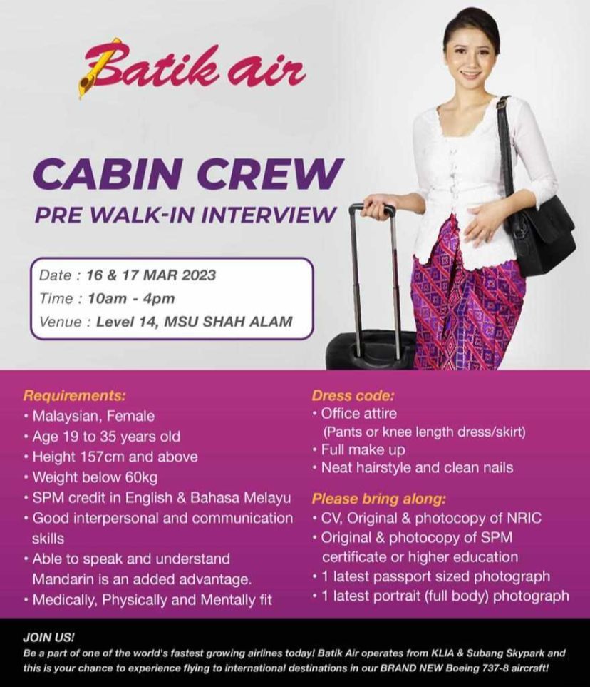 Batik Air Malaysia Cabin Crew Walk In Interview Shah Alam